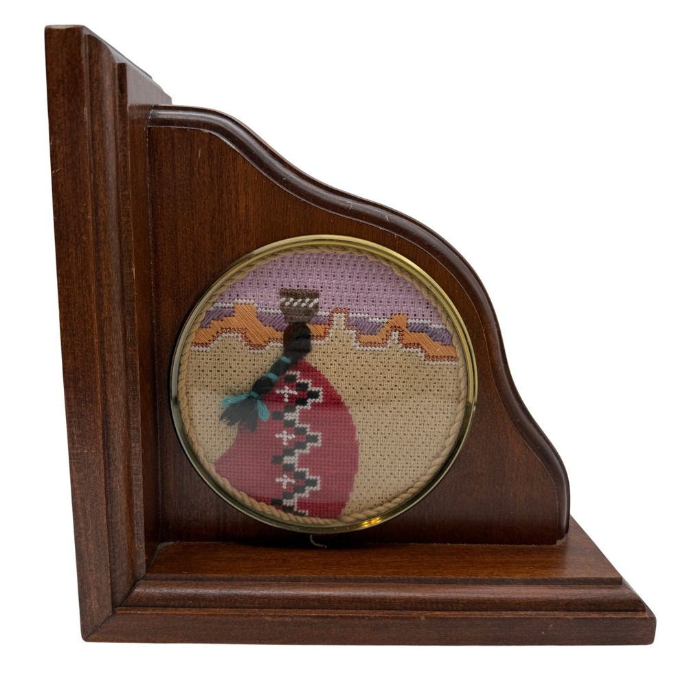Vintage Southwestern Native American Style Wood Bookend Needlepoint Folk Art